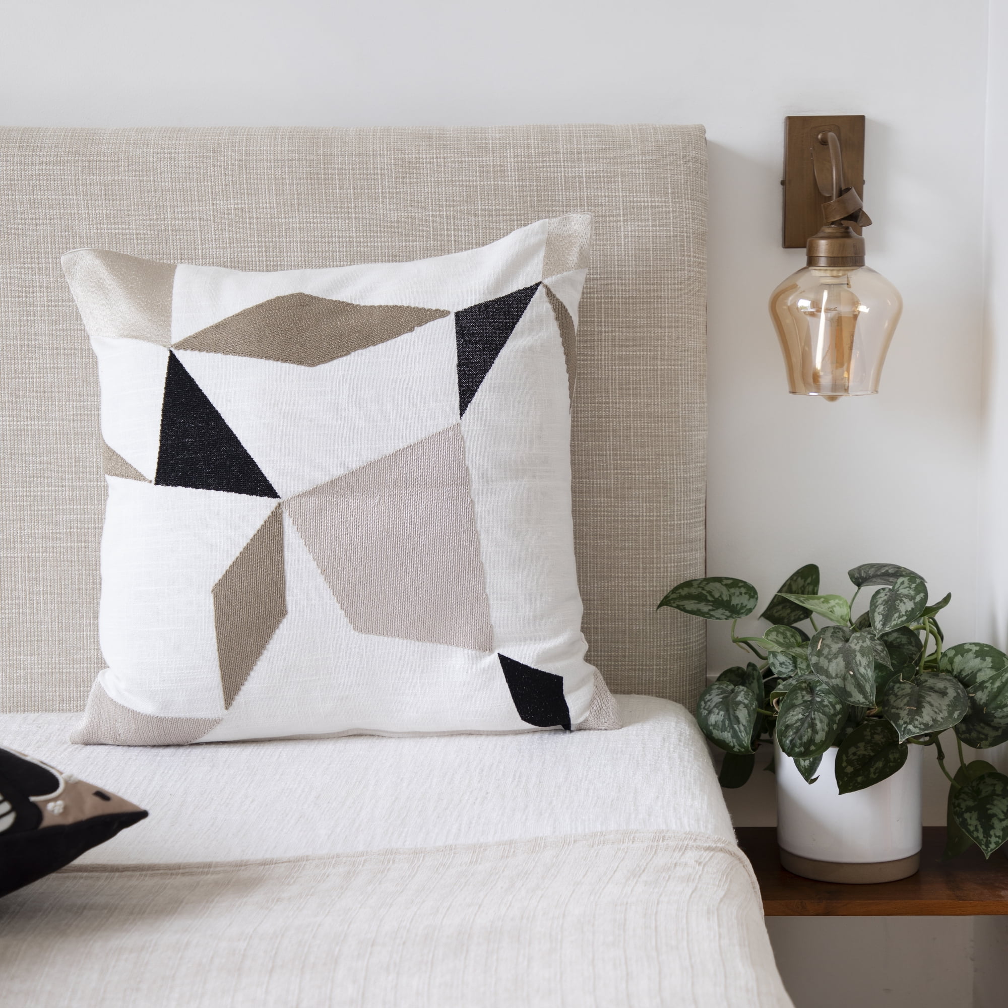 Ox Bay Stacy Garcia 20" x 20" Ivory/Taupe Embroidered Geometric Adult Decorative Throw Pillow Cover