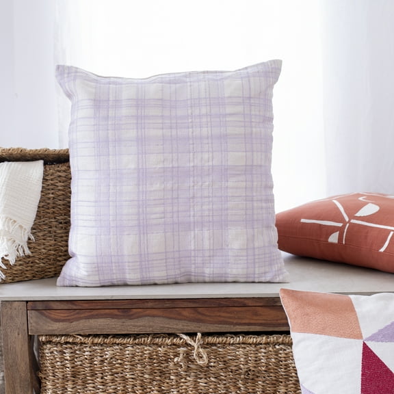 Ox Bay Stacy Garcia 24" x 24" Ivory/Lilac Embroidered Plaid Adult Decorative Throw Pillow Cover