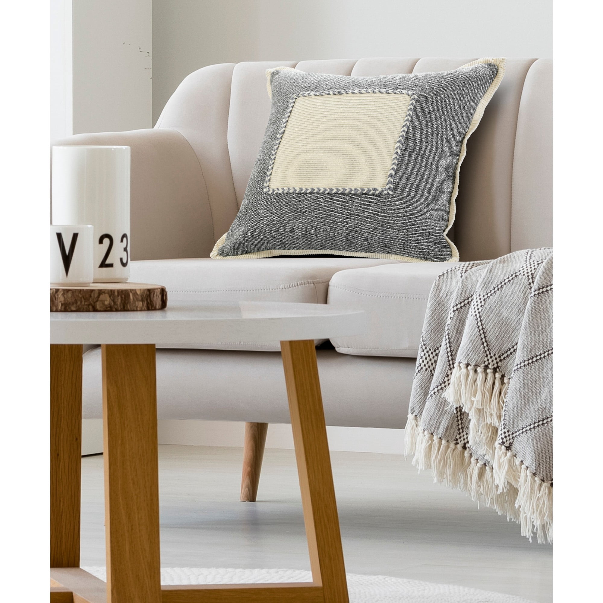 Laddha Home Designs Handwoven Geometric Flanged Throw Pillow Cover - 20" - Gray and Cream
