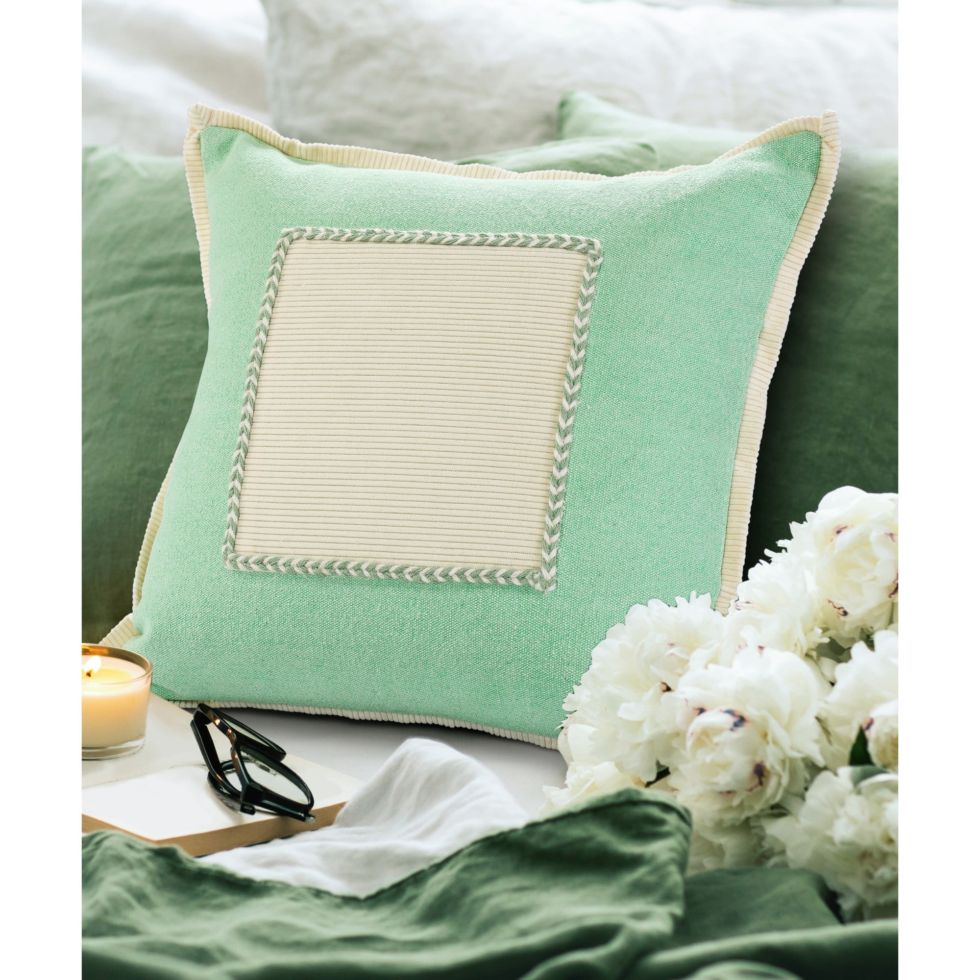 Laddha Home Designs Handwoven Geometric Flanged Throw Pillow Cover - 20" - Green and Cream