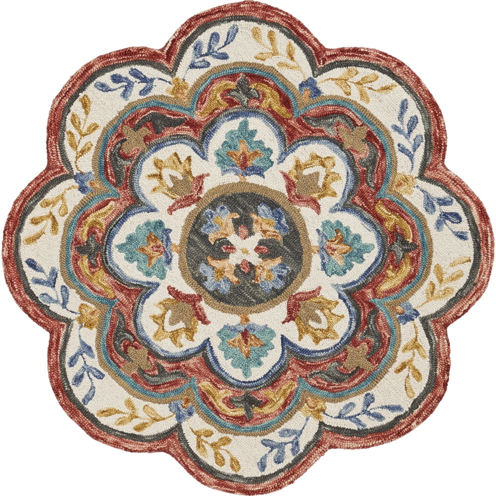 Ox Bay Talia 4' Round Ivory/Red Floral Wool Indoor Area Rug
