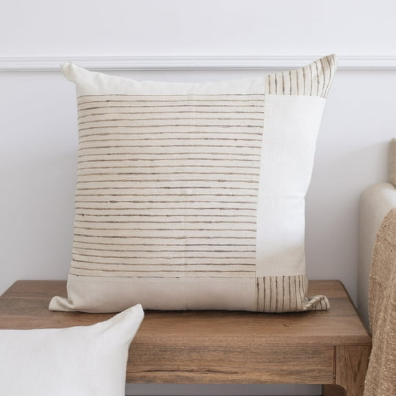 Ox Bay Tara 24" x 24" White/Beige Checkered Silk Adult Decorative Throw Pillow Cover