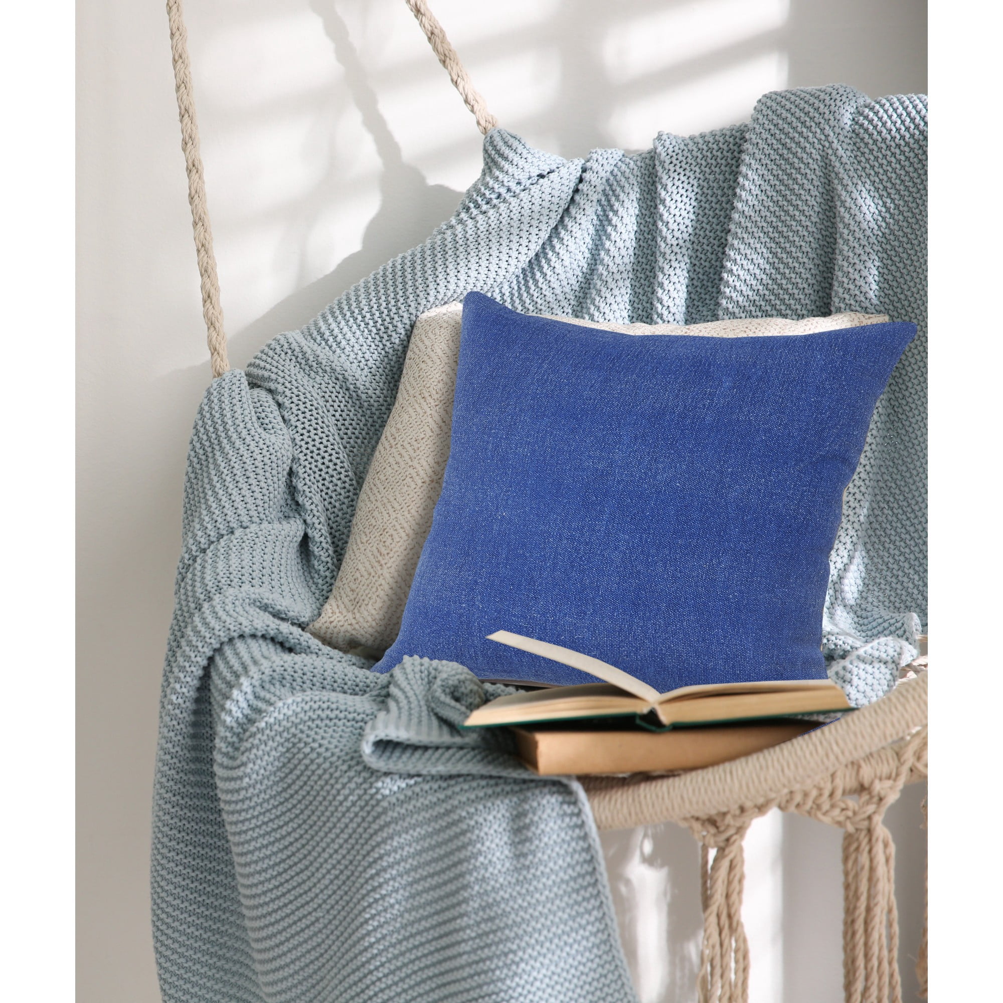 Laddha Home Designs Solid Loomed Square Cotton Throw Pillow Cover - 20" - Blue