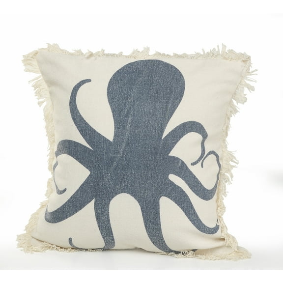 Ox Bay Tessa 18" x 18" White/Blue Octopus Fringed Cotton Adult Decorative Throw Pillow Cover