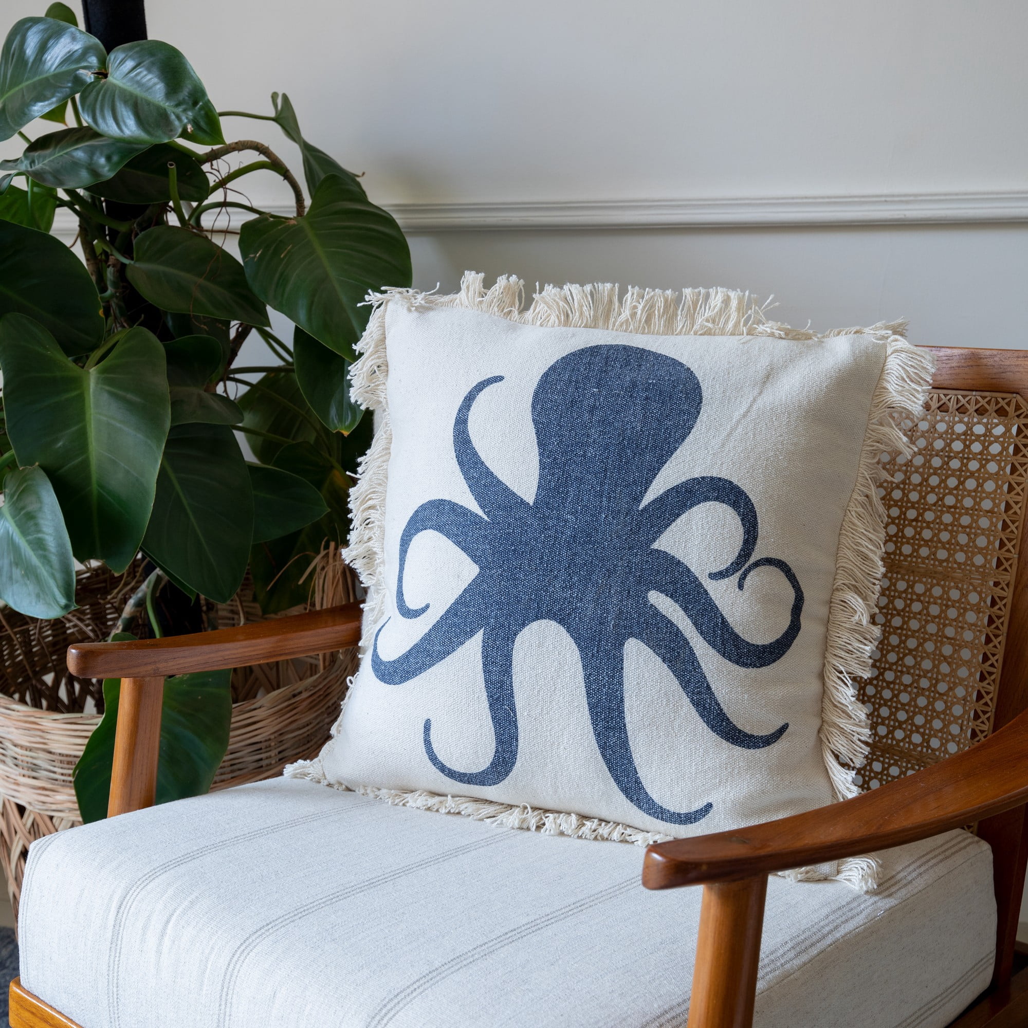 Laddha Home Designs Handwoven Octopus Cotton Throw Pillow Cover - 18" - White and Blue