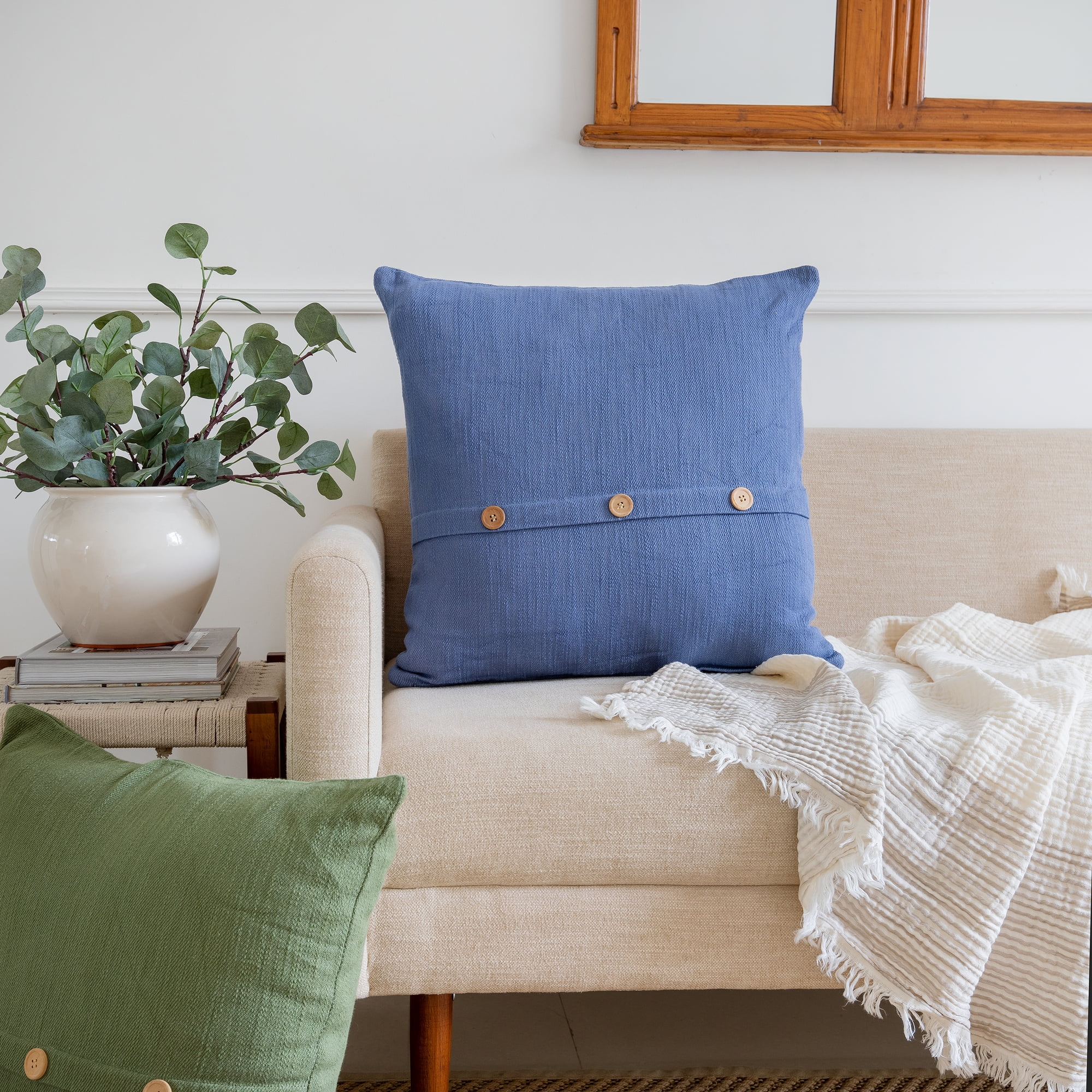 Ox Bay Theo 20" x 20" Blue Buttoned Cotton Adult Decorative Throw Pillow Cover