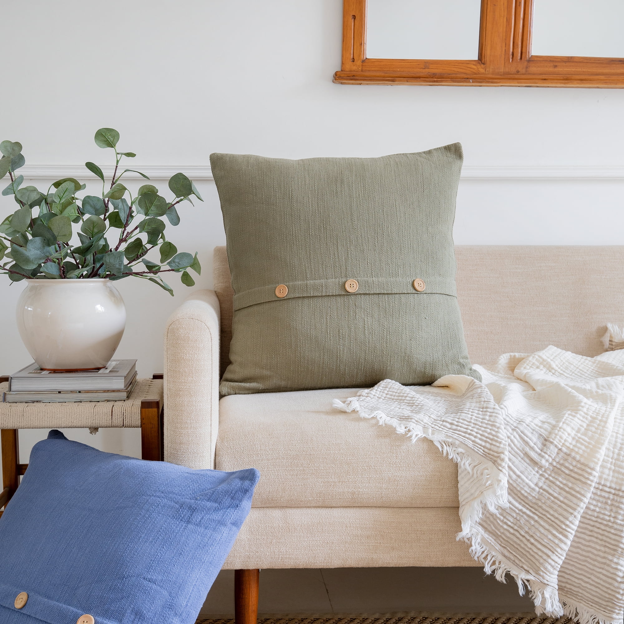 Ox Bay Theo 20" x 20" Sage Green Buttoned Cotton Buttoned Cotton Adult Decorative Throw Pillow