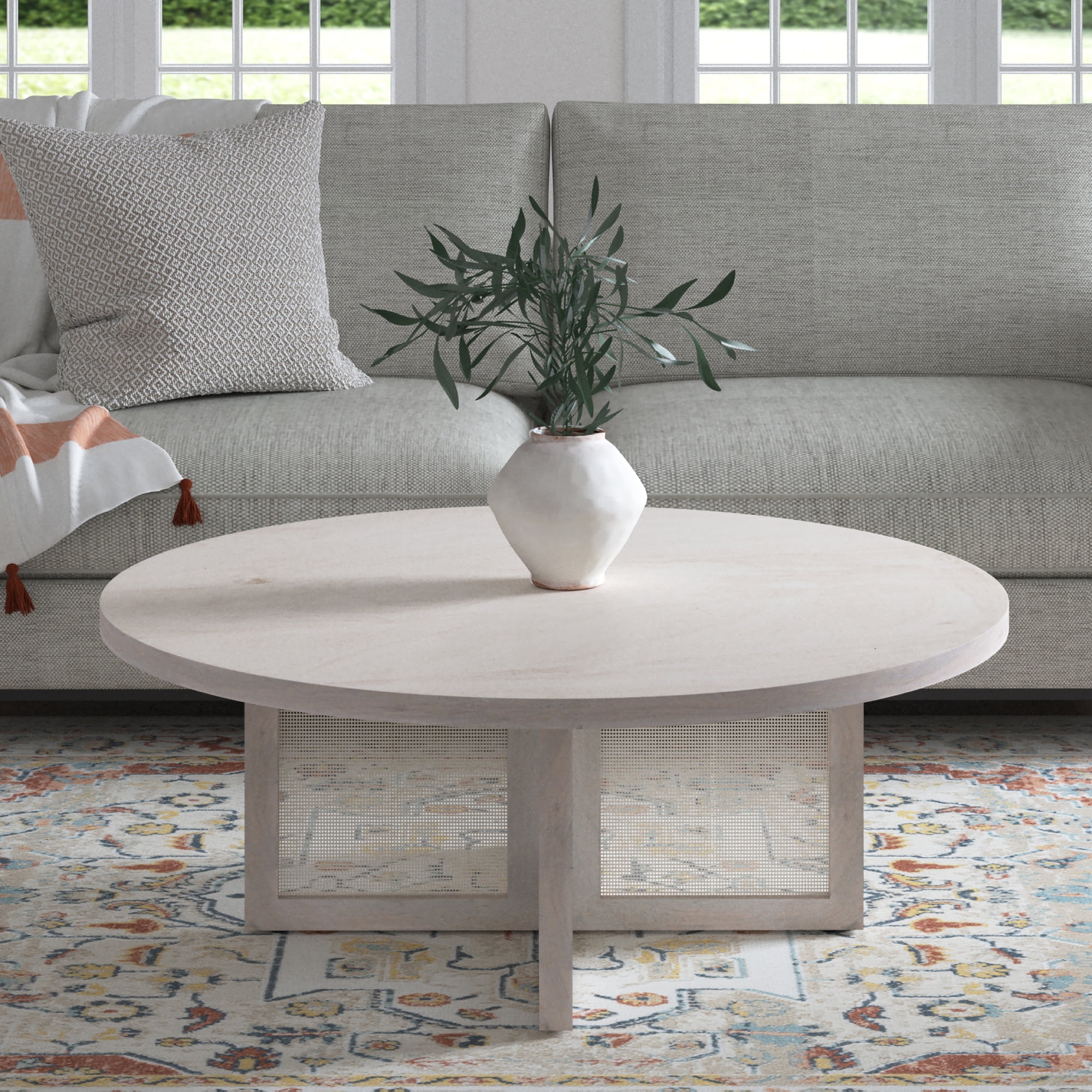 Ox Bay Theodore 36" Round Wood Coffee Table with Cane Screen Base, Whitewashed Finish