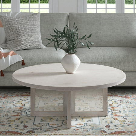 Ox Bay Theodore 36" Round Wood Coffee Table with Cane Screen Base, Whitewashed Finish
