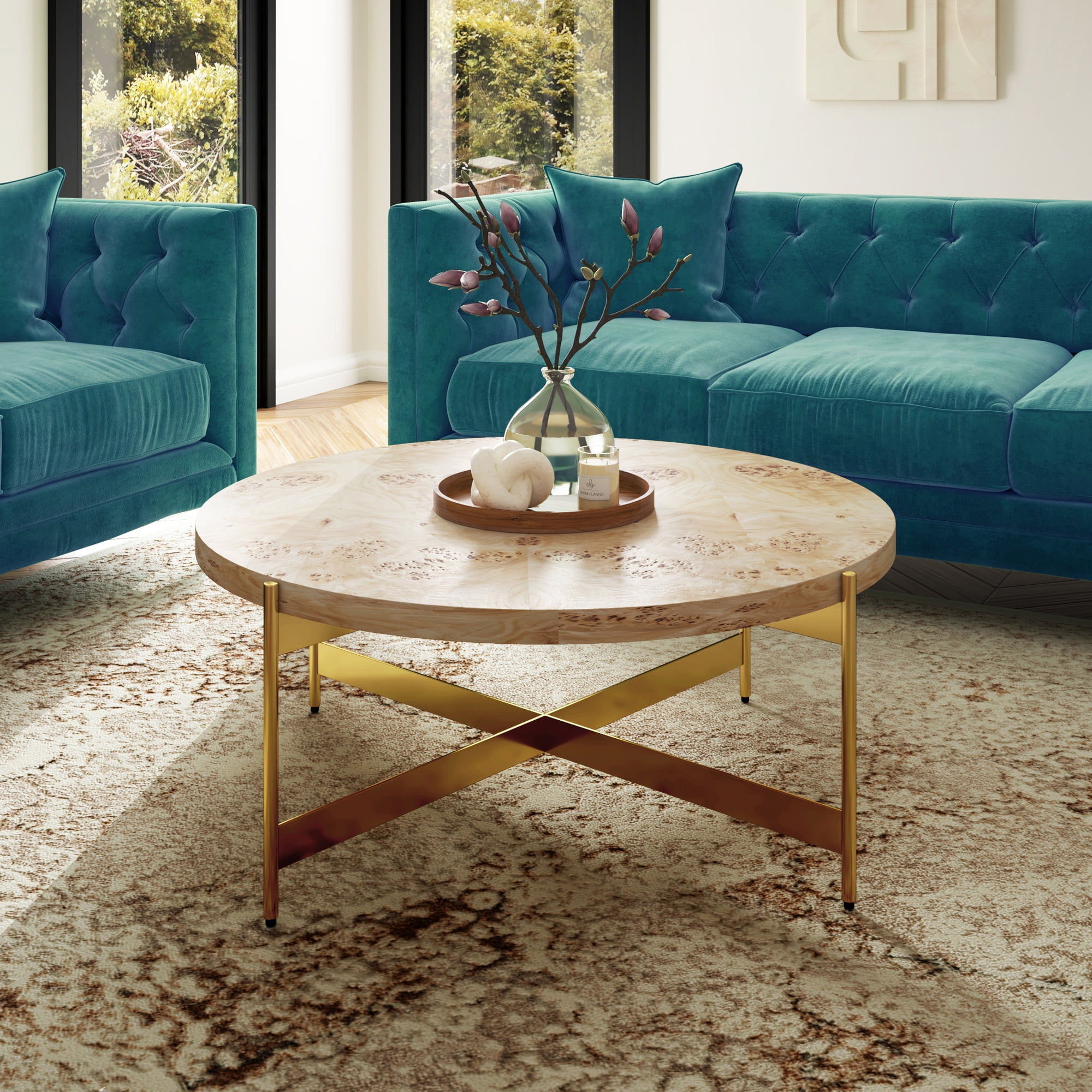 Ox Bay Theresa Round Burl Wood Coffee Table with Gold Base, Glam Style, Indoor Use