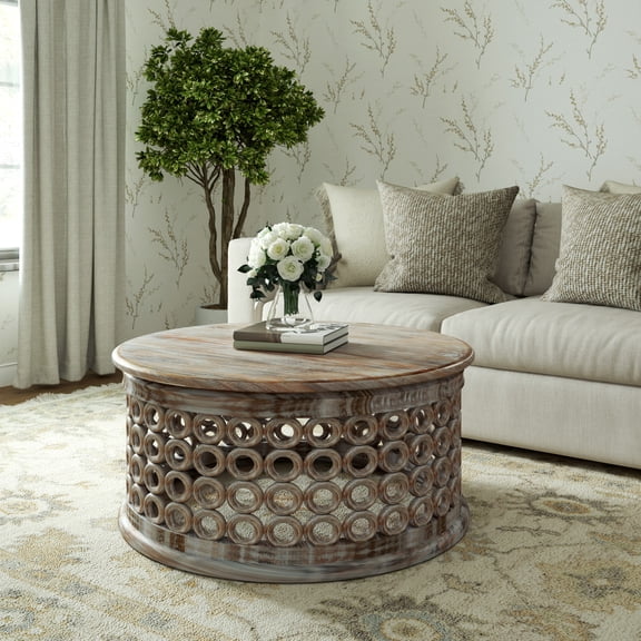 Ox Bay Tiana Round Solid Hard Wood Coffee Table with White Wash Finish, Brown Contemporary Style, 39" x 39" x 18"