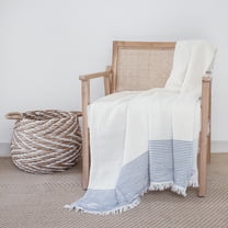 Ox Bay Tinley Blue/Ivory Striped Fringe Lightweight Turkish Cotton Throw Blanket, 47" X 60"