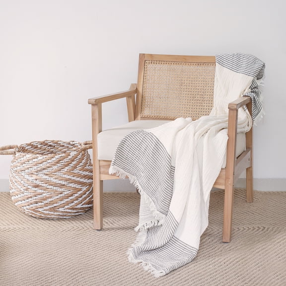 Ox Bay Tinley Gray/Ivory Striped Fringe Lightweight Turkish Cotton Throw Blanket, 47" X 60"