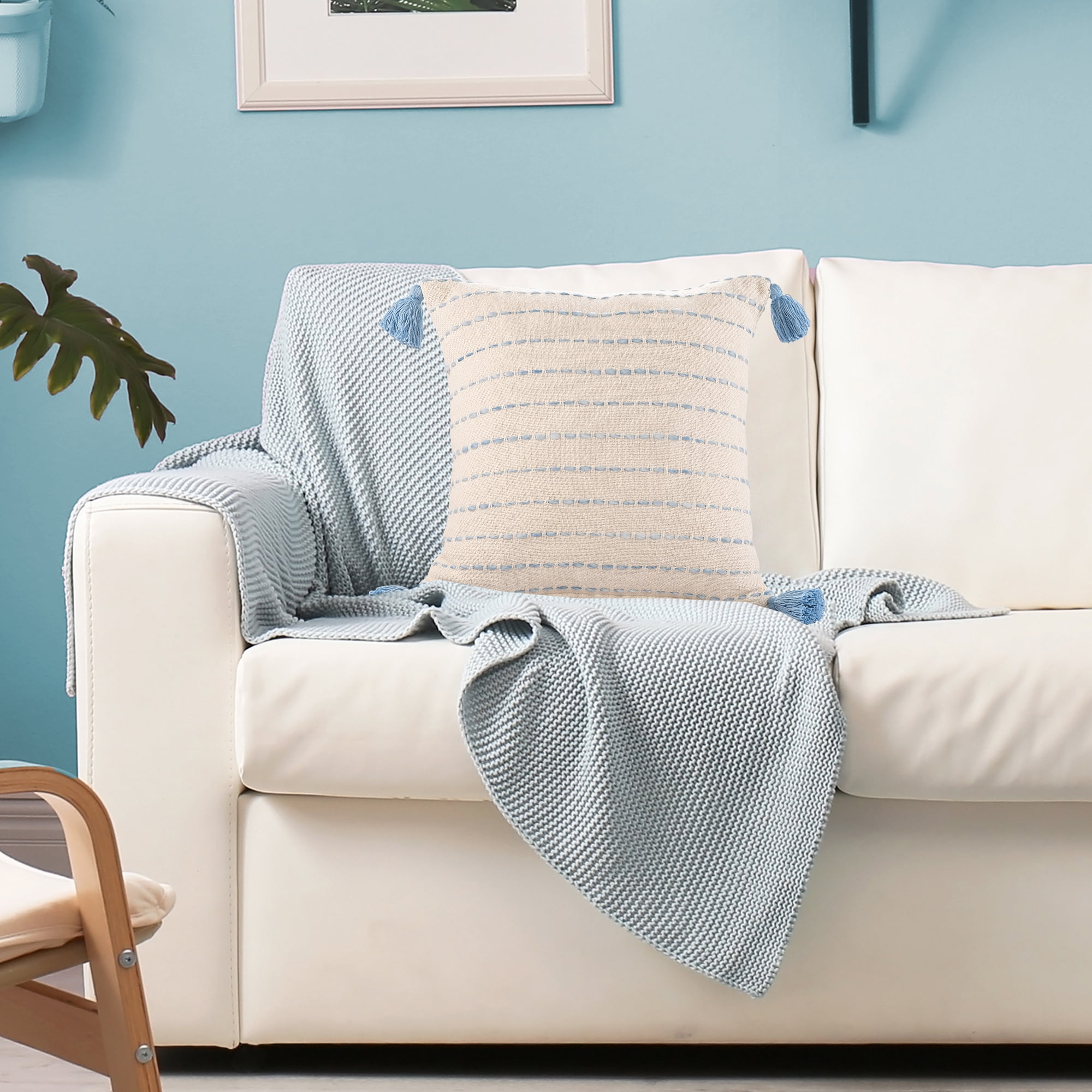 Ox Bay Top Variegated Stripe Cotton Blend Handmade Throw Pillow with Tassels, 20" x 20"