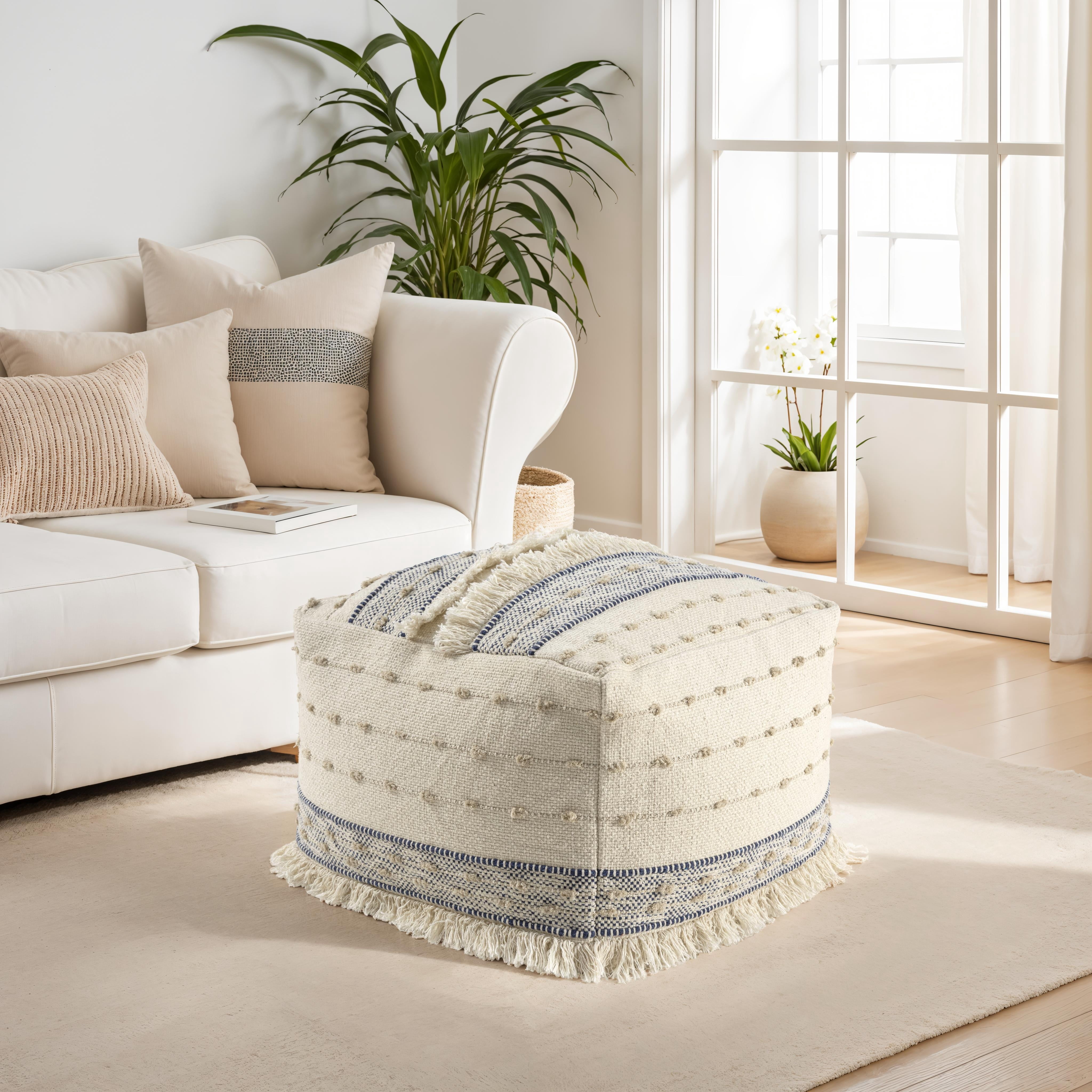 Ox Bay Tristan Striped Handmade Cotton Medium Square Pouf Ottoman, Navy/Ivory, 18" x 18" x 14"