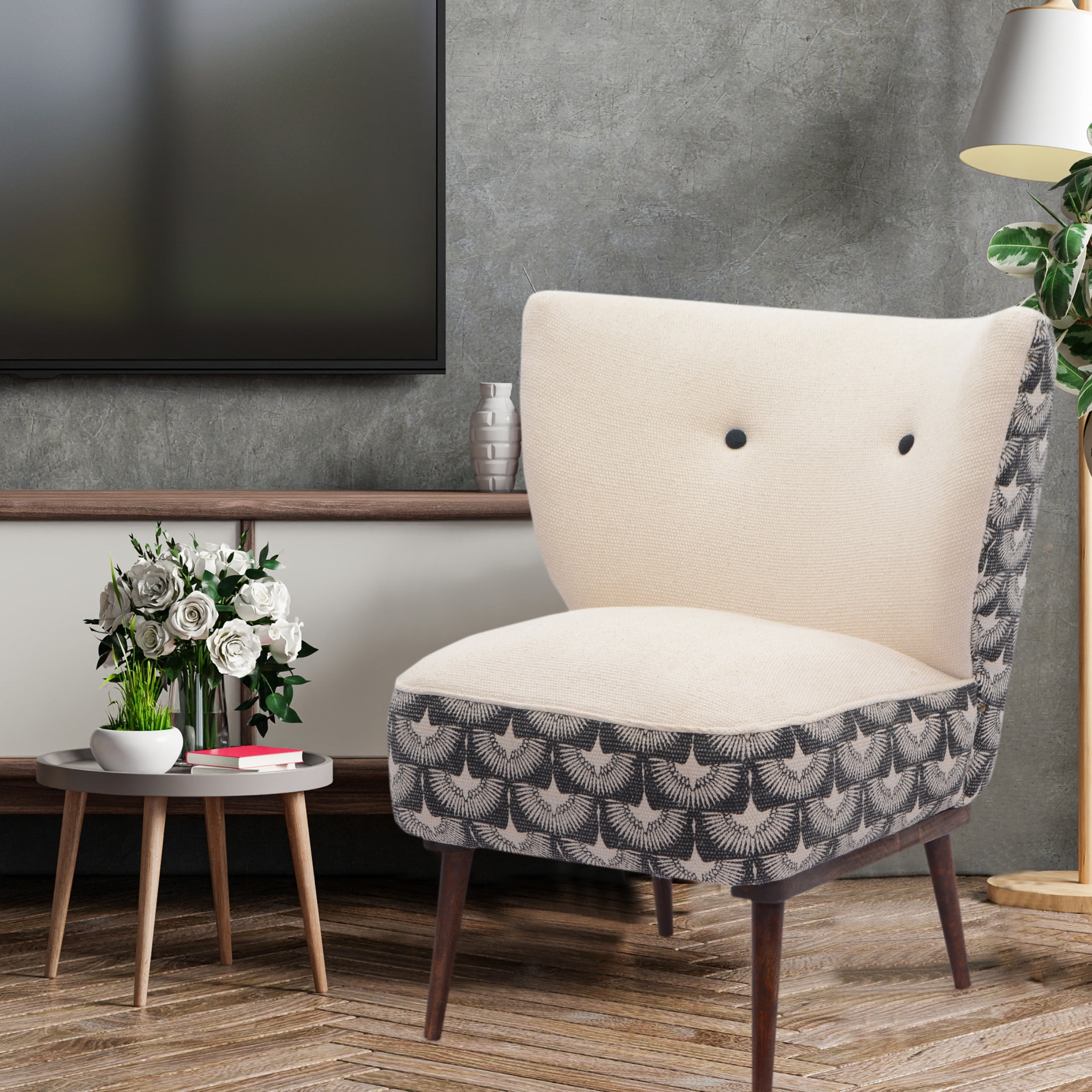 Ox Bay Tufted Cotton Armchair with Bird Print, Cream/Black