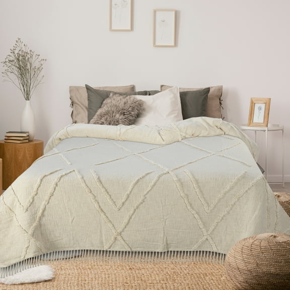 Ox Bay Twin Size Shag Geometric Fringed Ivory Cotton Washable Coverlet, 68” x 90”