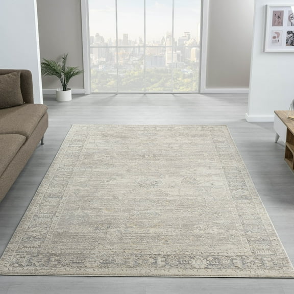 Ox Bay Valeria 2'0" x 2'11" Beige/Stone Blue Damask Performance Indoor Area Rug