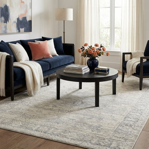 Ox Bay Valeria 6'0" x 9'3" Beige/Stone Blue Damask Performance Indoor Area Rug