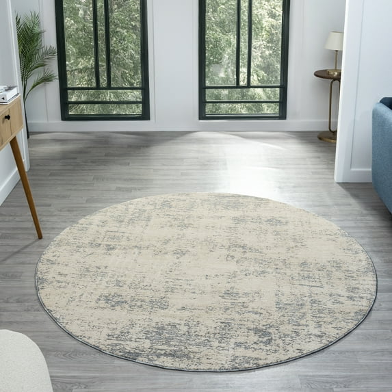 Harlow Hill Villa 6' Round Ivory/Stone Blue Abstract Performance Indoor Area Rug