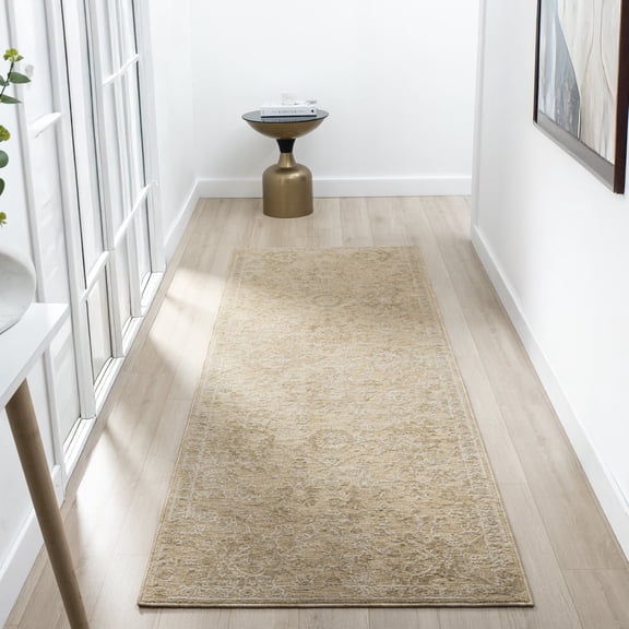 Harlow Hill Villa 2'7" x 7'10" Beige/Gold Floral Performance Indoor Area Rug