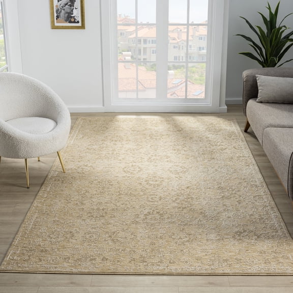 Harlow Hill Villa 7'10" x 10' Beige/Gold Floral Performance Indoor Area Rug