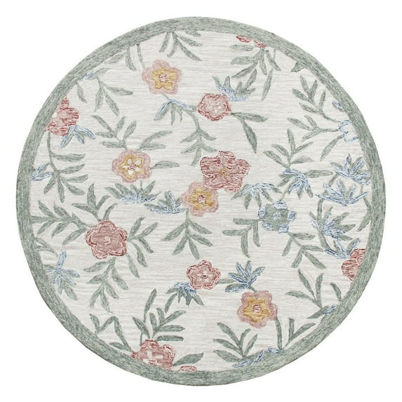 Ox Bay Talia 4' Round Gray/Ivory Floral Wool Indoor Area Rug
