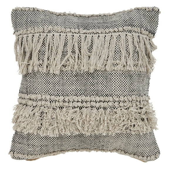 LR Home Elia Natural/Black Striped Cotton Fringed Adult Decorative Throw Pillow