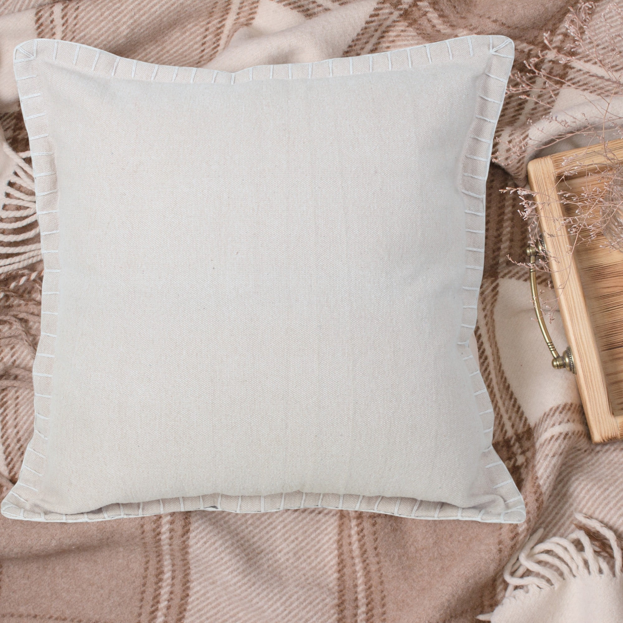 Laddha Home Designs Handwoven Solid Embroidered Cotton Throw Pillow Cover - 20" - Beige