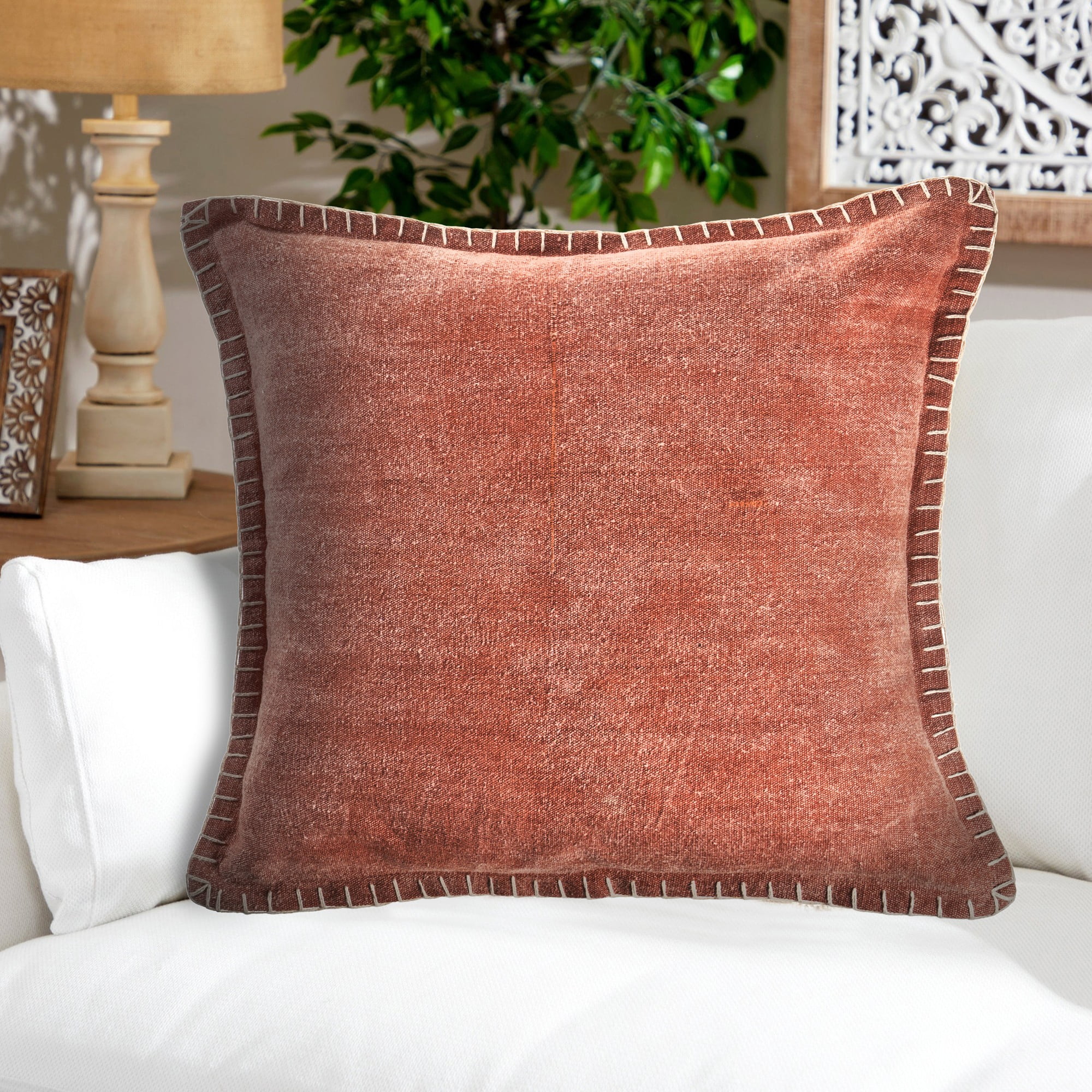 Laddha Home Designs Handwoven Solid Stitched Cotton Throw Pillow Cover - 24" - Brown and Orange