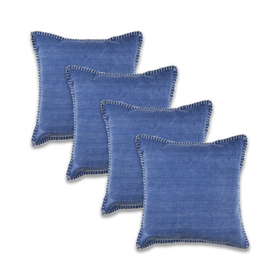 Ox Bay Wilma Set of 4 Blue Stitch Bordered 24" x 24" Cotton Adult Decorative Throw Pillows