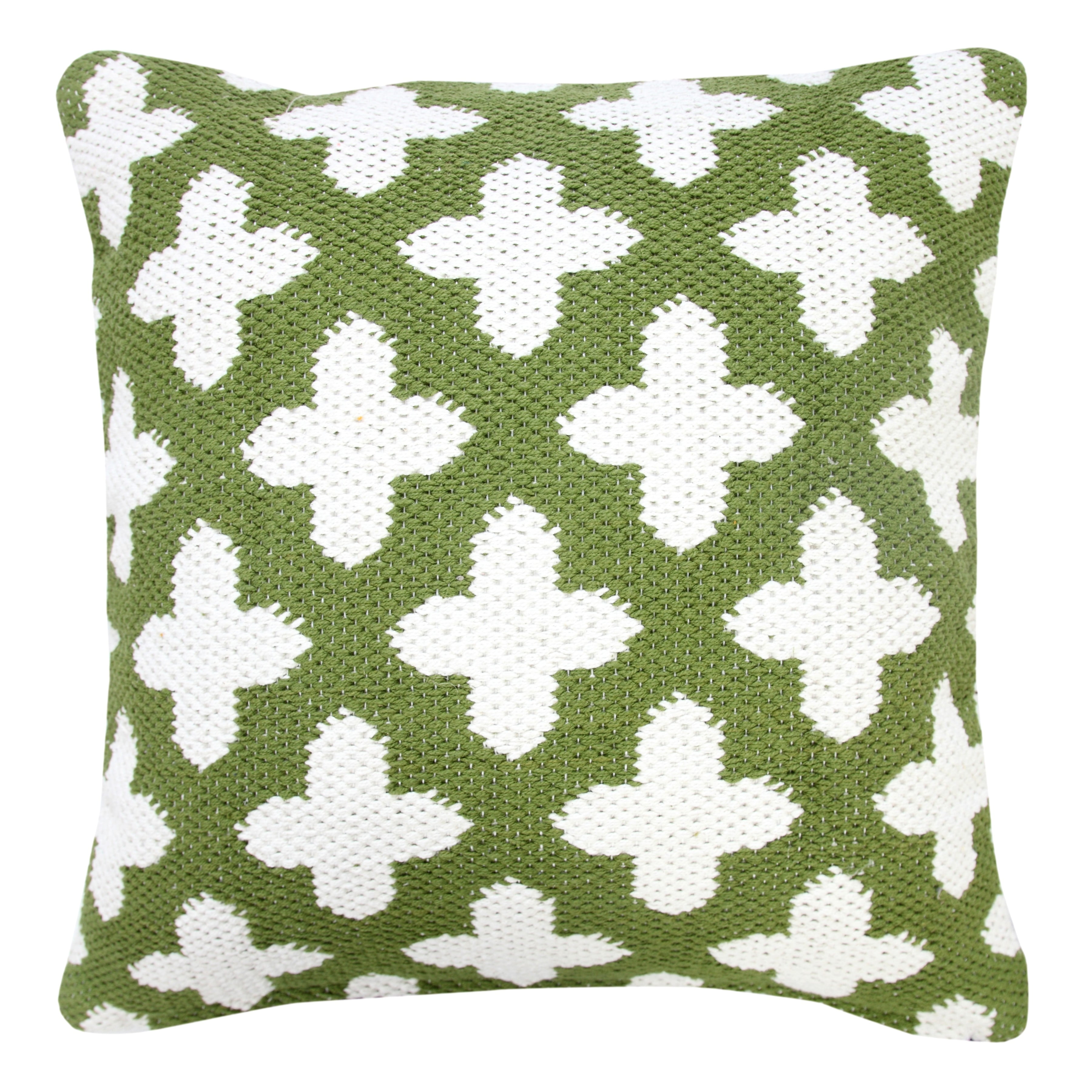 Green and White Woven Geometric Cotton Throw Pillow, 20" Square