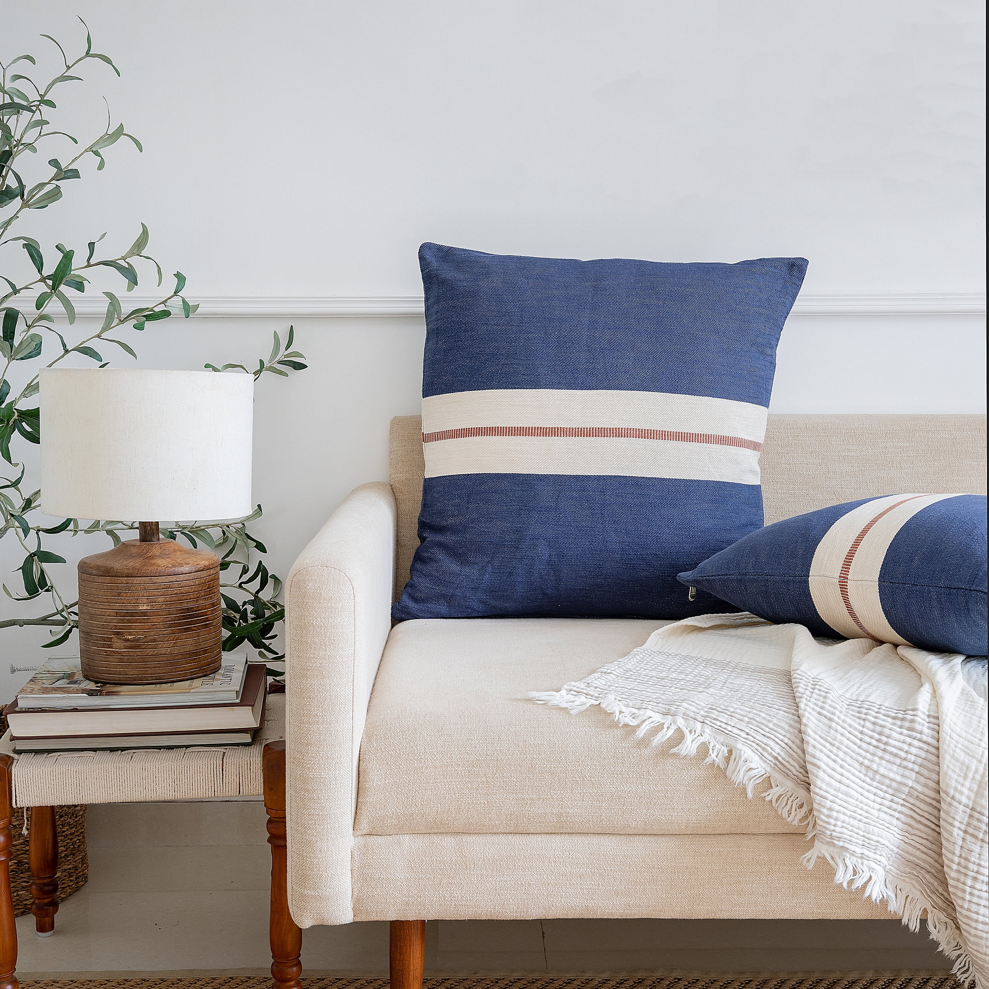 Ox Bay Xander 24" x 24" Dark Blue Striped Cotton Adult Decorative Throw Pillow Cover