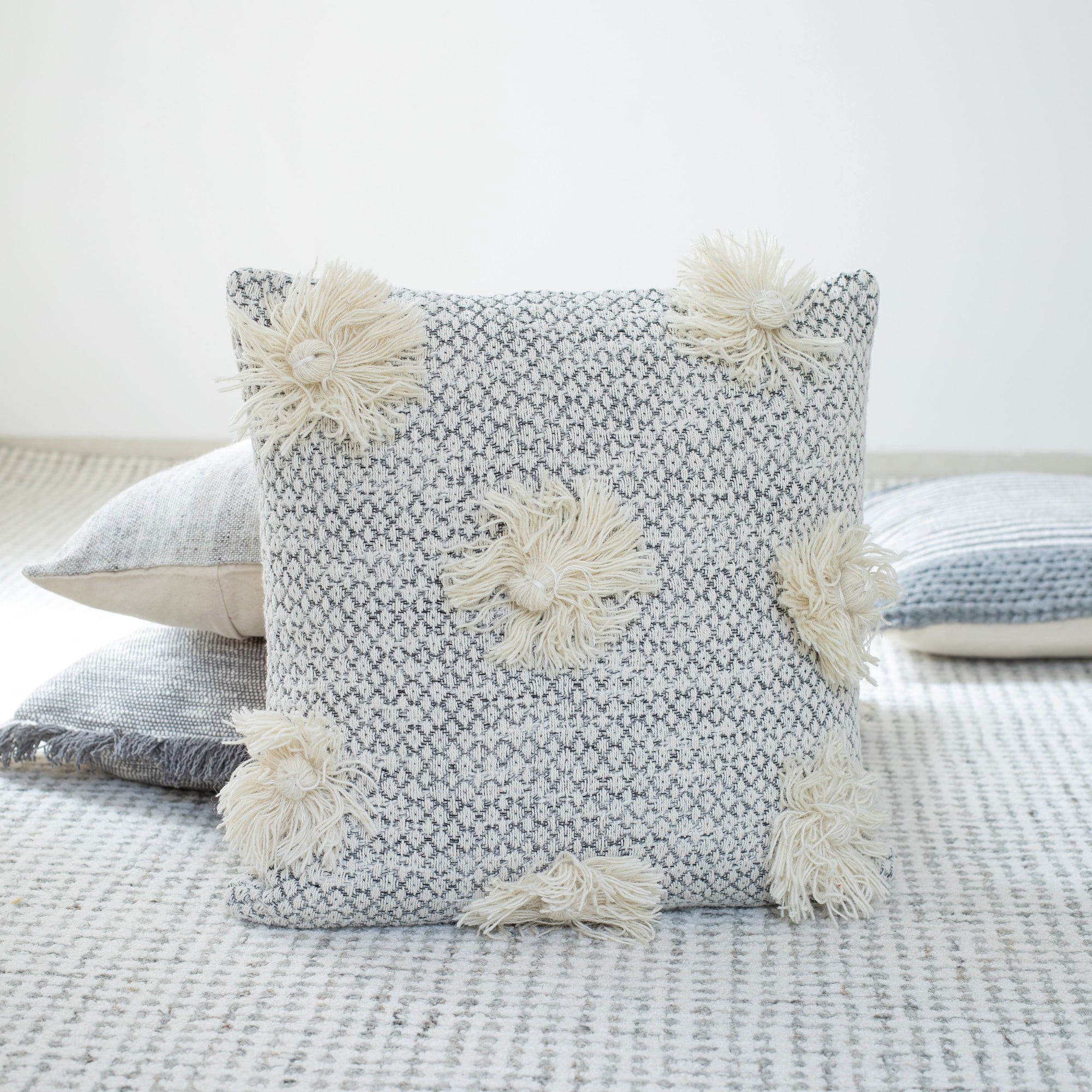 Laddha Home Designs Handwoven Geometric Floral Throw Pillow Cover - 18" - Gray and Beige