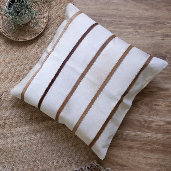 Ox Bay Yovela Striped Transitional Faux Leather Hand Woven Throw Pillow, Ivory/Brown, 20" x 20"