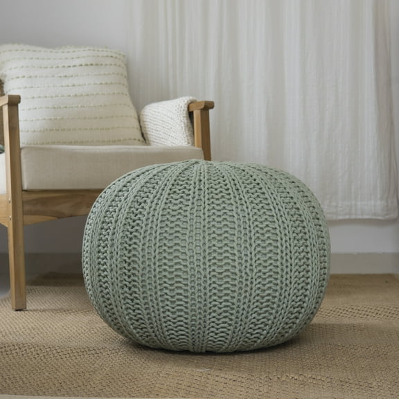 Ox Bay Zoe Medium Solid Transitional Indoor Round Pouf, Dessert Sage, 20" x 20" x 16"