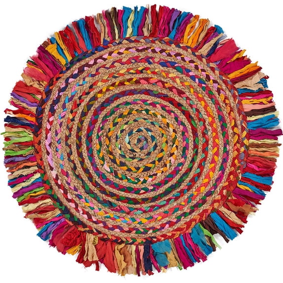 Ox Bay and Evette Rios Cora 5'6" Round Rainbow Cotton and Jute Striped Fringe Indoor Area Rug