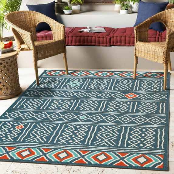 Ox Bay and Evette Rios Dora 2' x 3' Ivory/Navy Diamond Indoor/Outdoor Area Rug