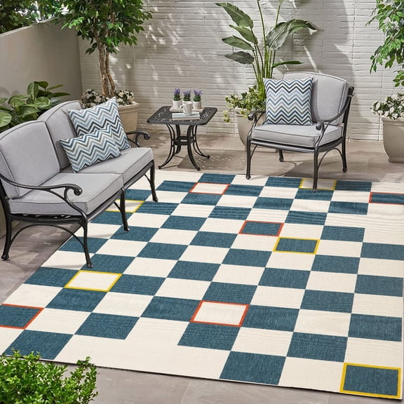 Ox Bay and Evette Rios Dora 5'3" x 7' Navy/White Checkered Indoor/Outdoor Area Rug