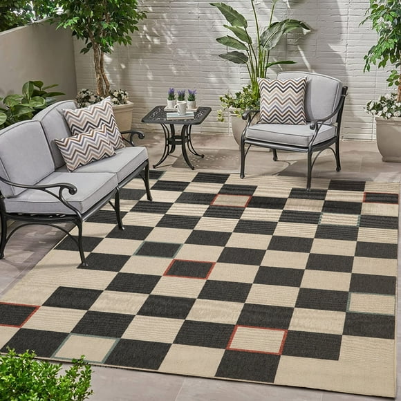 Ox Bay and Evette Rios Dora 5' x 7' Black/Ivory Checkered Indoor/Outdoor Area Rug