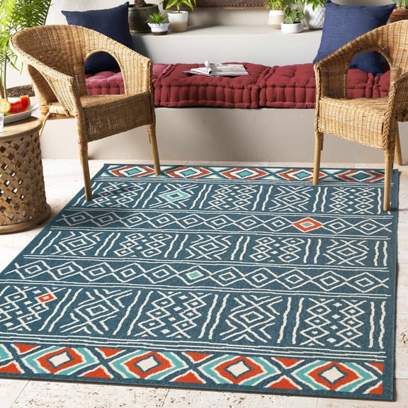 Ox Bay and Evette Rios Dora 5' x 7' Ivory/Navy Diamond Indoor/Outdoor Area Rug