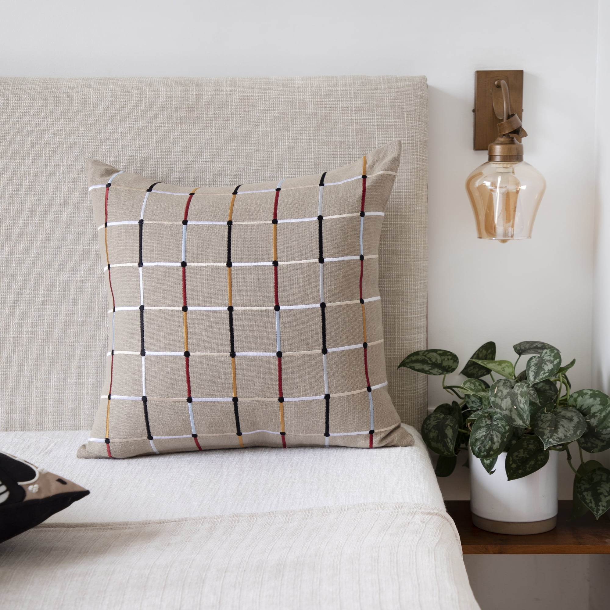 Ox Bay and Stacy Garcia 20" x 20" Beige Checkered Embroidered Cotton Blend Adult Decorative Throw Pillow