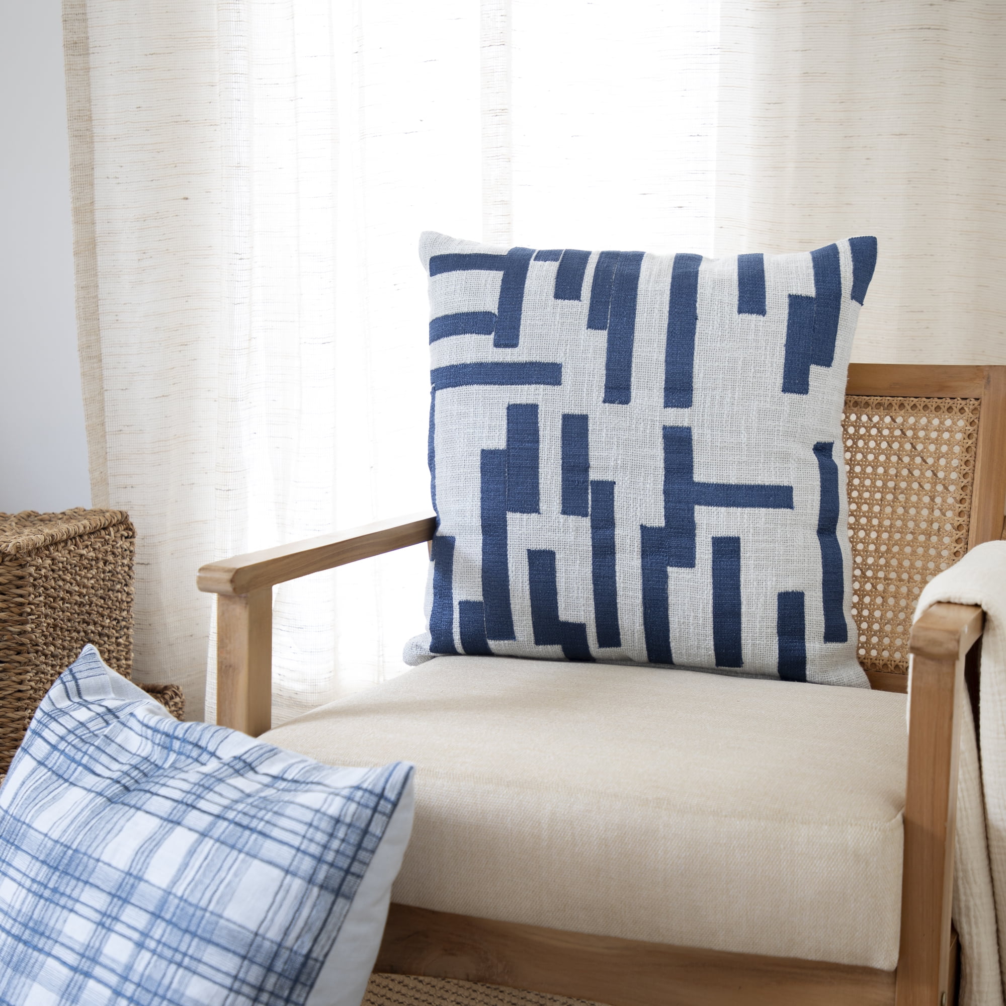 Ox Bay and Stacy Garcia 20" x 20" Blue/Ivory Geometric Embroidered Cotton Blend Adult Decorative Throw Pillow Cover
