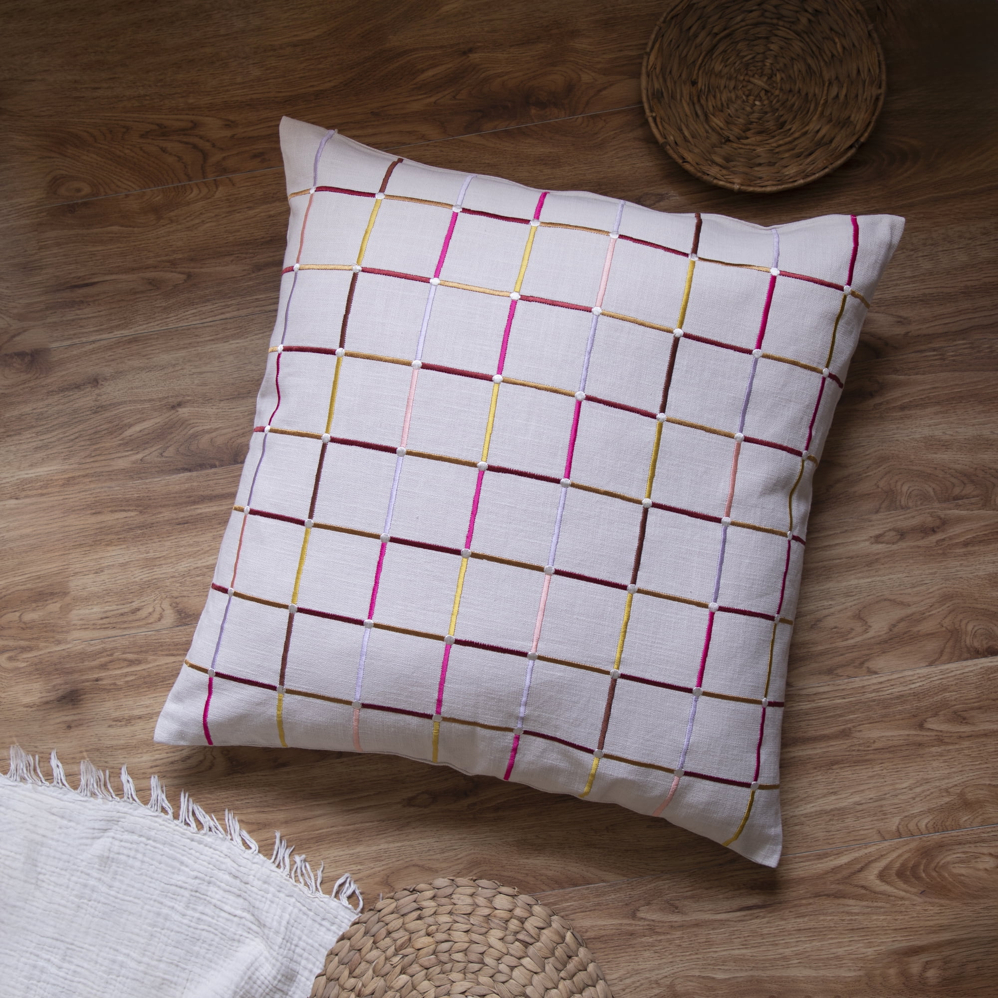 Ox Bay and Stacy Garcia 20" x 20" Ivory Checkered Embroidered Cotton Blend Adult Decorative Feather Filled Pillow