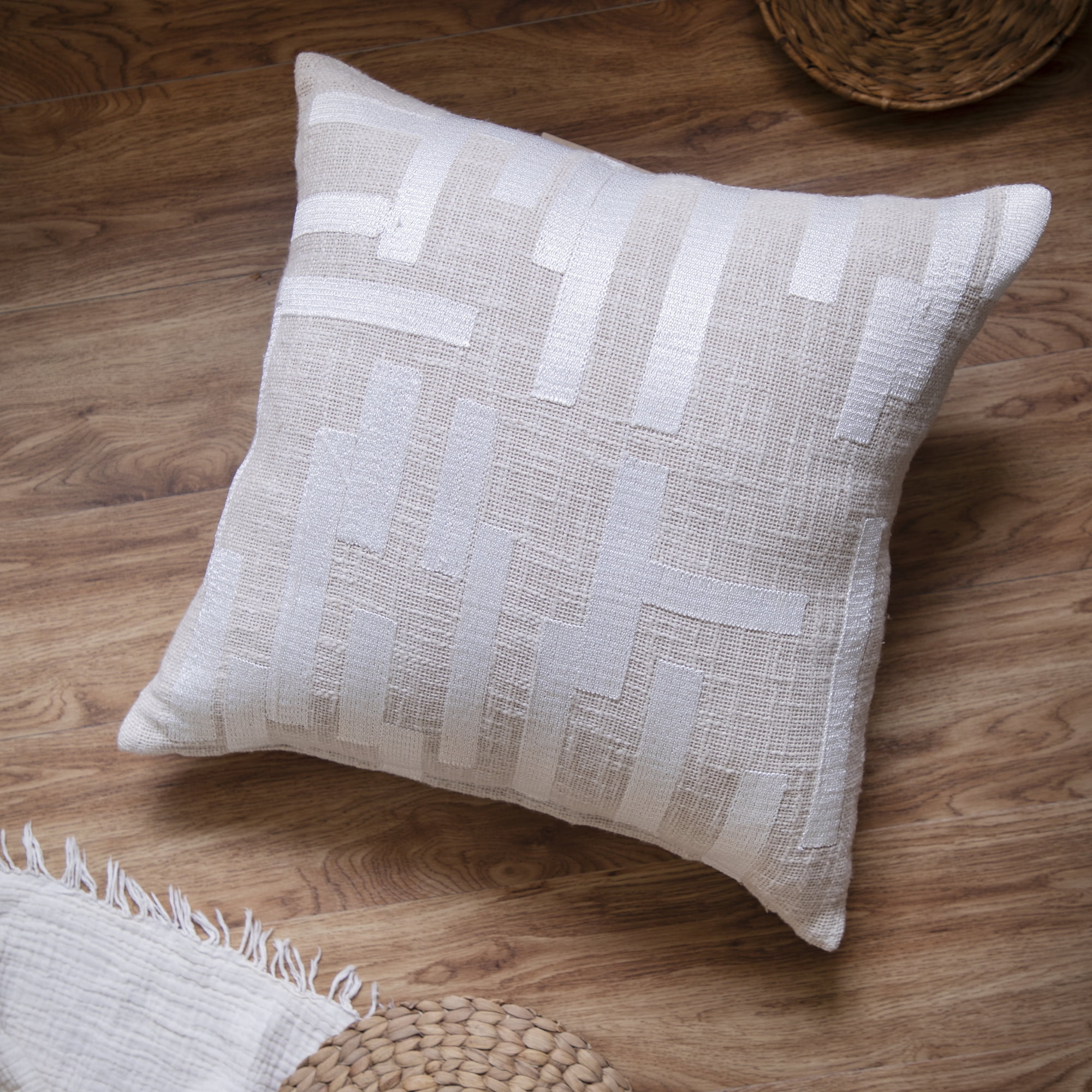 Ox Bay and Stacy Garcia 20" x 20" Ivory/White Geometric Embroidered Cotton Blend Adult Decorative Throw Pillow