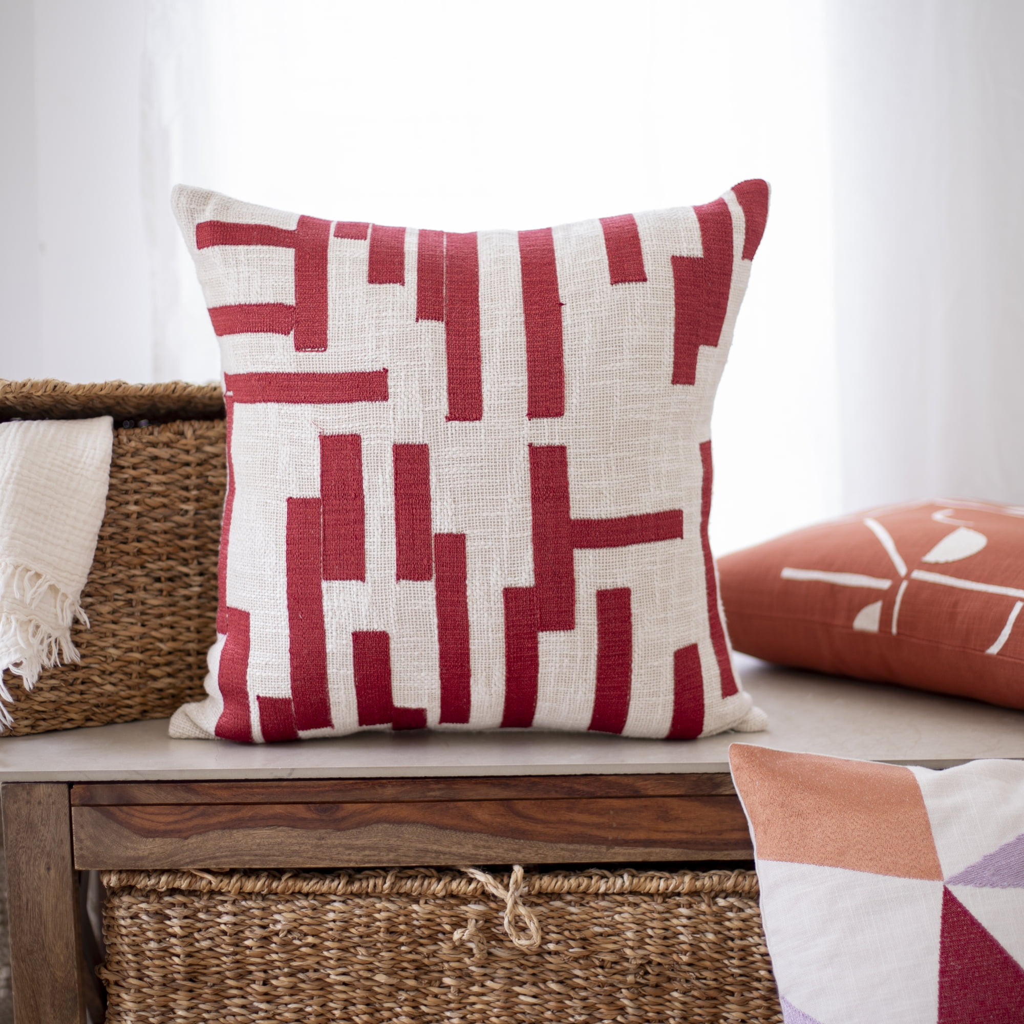 Ox Bay and Stacy Garcia 20" x 20" Red/Ivory Geometric Embroidered Cotton Blend Adult Decorative Feather Filled Pillow