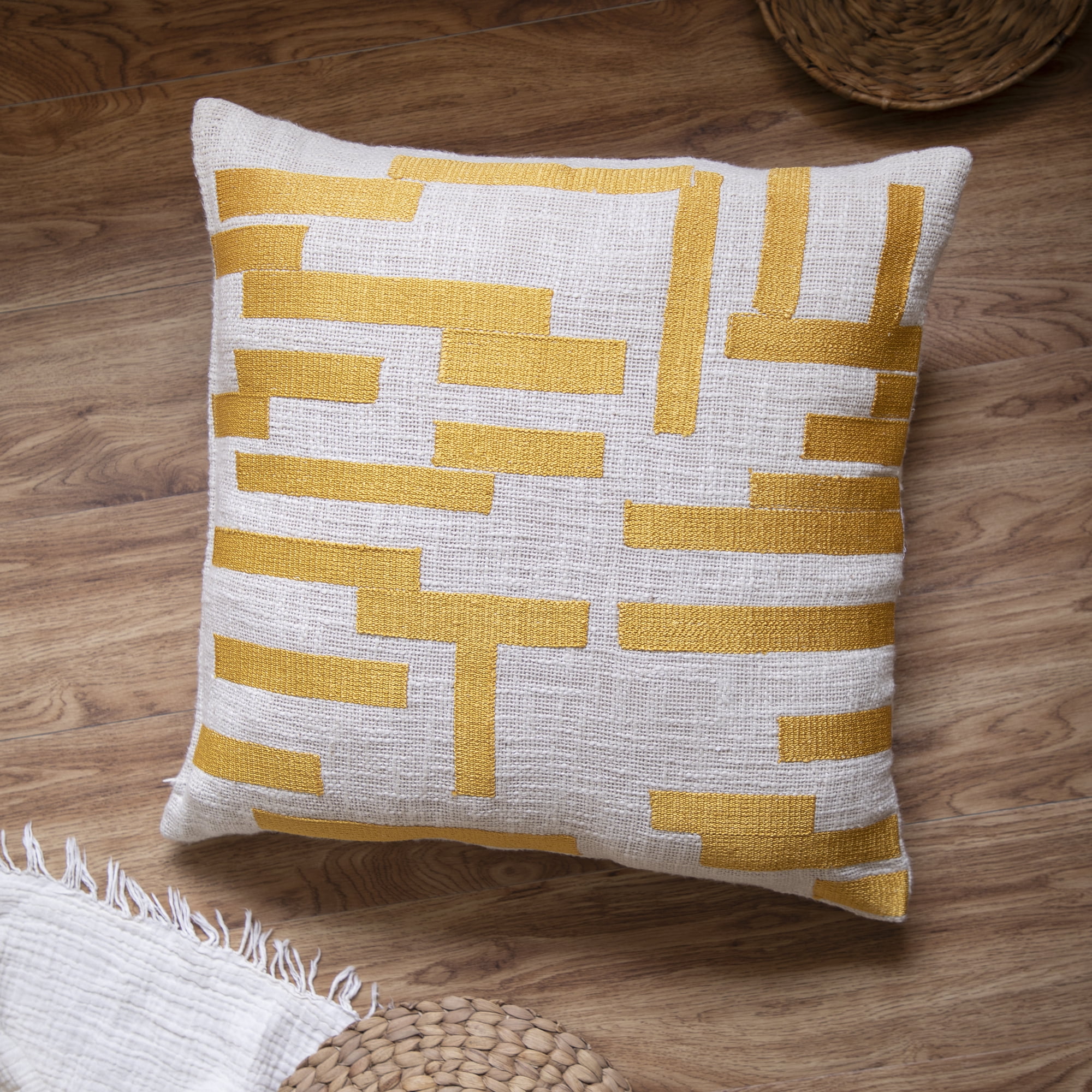 Ox Bay and Stacy Garcia 20" x 20" Yellow/Ivory Geometric Embroidered Cotton Blend Adult Decorative Feather Filled Pillow