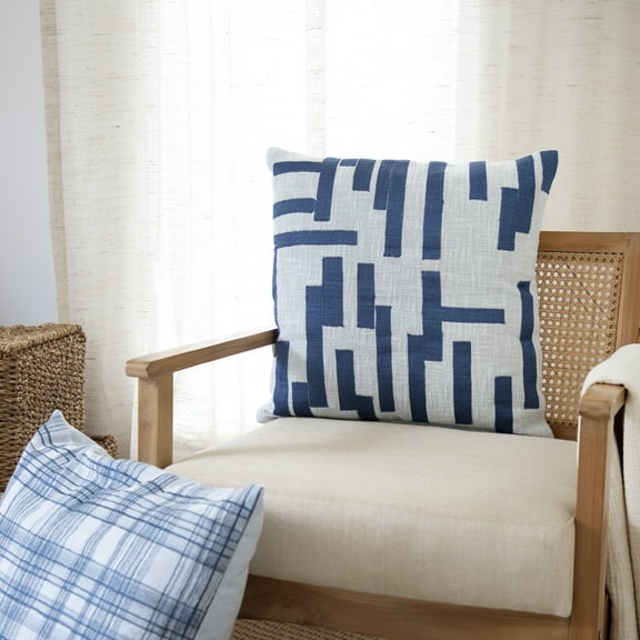 Ox Bay and Stacy Garcia 24" x 24" Blue/Ivory Geometric Embroidered Cotton Blend Adult Decorative Throw Pillow