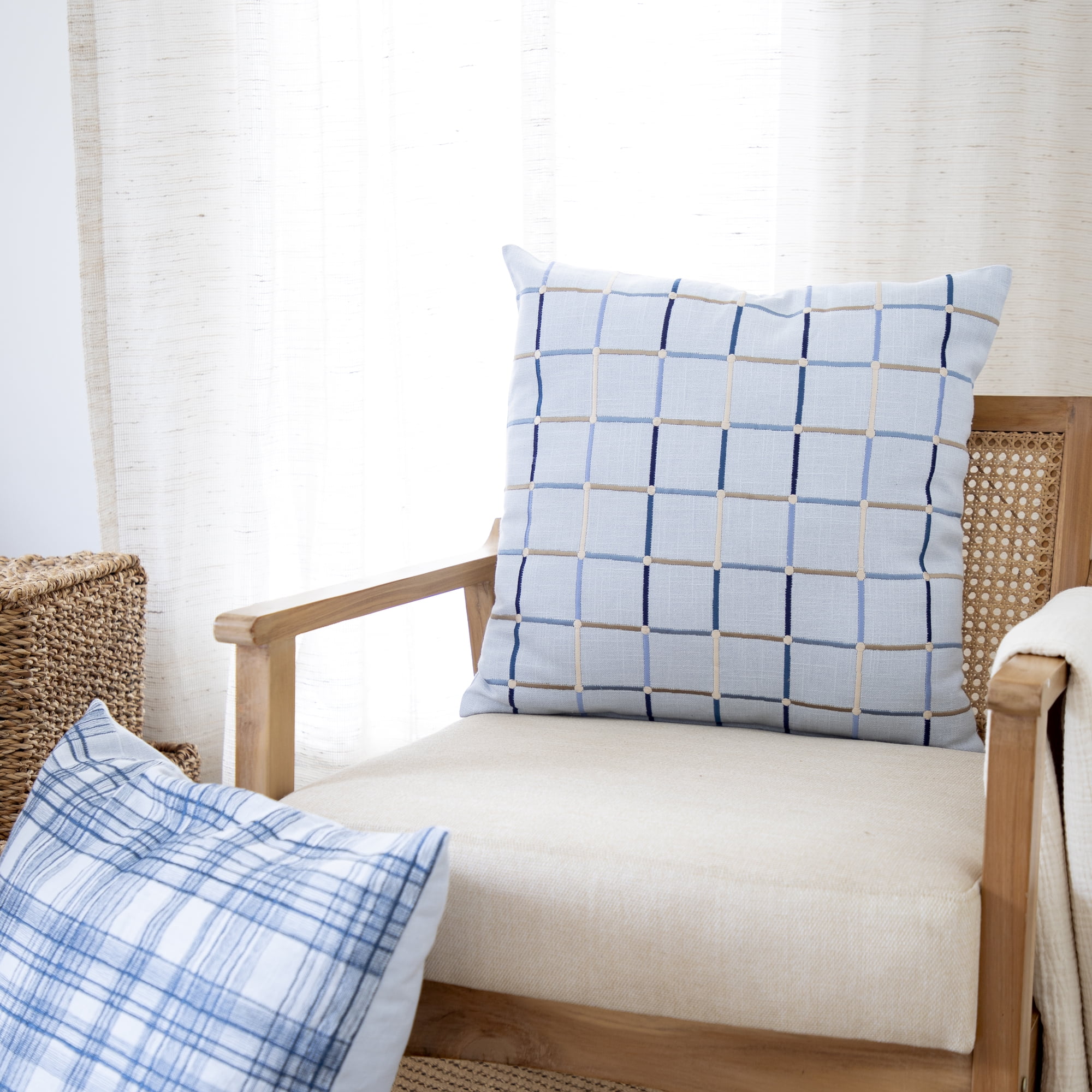 Ox Bay and Stacy Garcia 24" x 24" Light Blue Checkered Embroidered Cotton Blend Adult Decorative Throw Pillow Cover