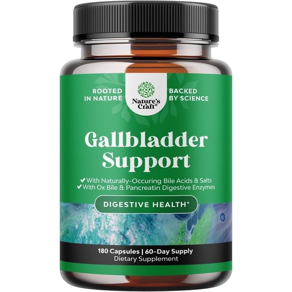 Natures Craft Gallbladder Support Digestive Enzymes with Purified Bile Salts & Pancreatin, 180 Caps